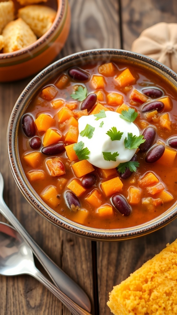 A bowl of savory pumpkin chili with beans and toppings, served with cornbread on a rustic table.